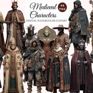 Pacote de clipart 3D de personagens medievais – 46 PNGs, guerreiros da Idade Média, PNG de recursos de jogo, arte de personagem de fantasia, uso comercial, compatível com POD