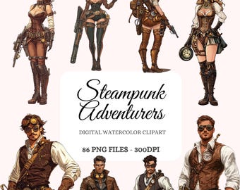 Steampunk Adventurers Clipart Bundle – 86 Unique Retro-Futuristic Illustrations, High-Resolution PNG, Victorian Sci-Fi Designs,