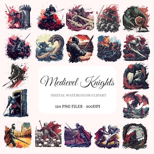 Medievel Knights Watercolor Clipart Bundle – 154 PNG Knight Illustrations, T-Shirt Graphics, Instant Digital Download, Commercial Use