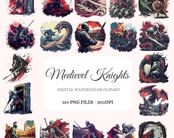 May include: A set of 154 digital watercolor clipart images featuring medieval knights in various poses and settings. The images are in a vintage style with a watercolor effect. The text "Medieval Knights" and "Digital Watercolor Clipart" is included in the image.