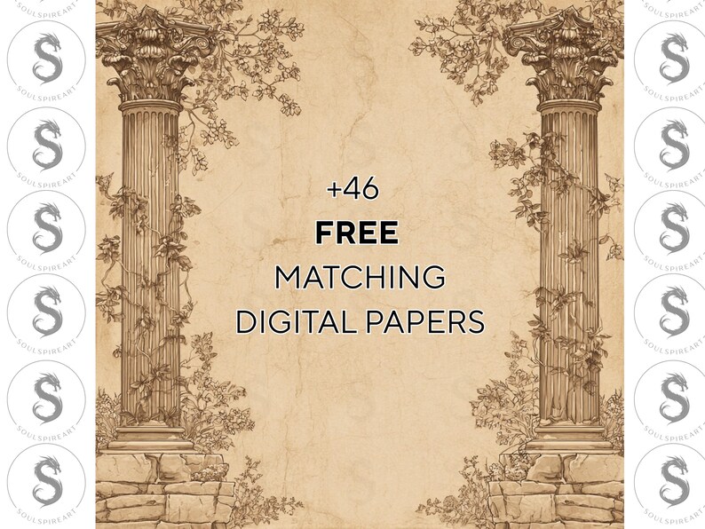 May include: A vintage-style digital art graphic with two classical columns, adorned with climbing vines, framing the text "+46 FREE MATCHING DIGITAL PAPERS." The background is a parchment-like texture, with the SoulSpireArt logo in the corners.
