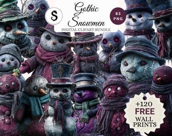Gotiska snögubbar clipartpaket – 83 PNG-bilder + 120 gratis väggkonsttryck | Digital nedladdning