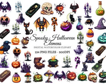 Paquete de imágenes prediseñadas de Halloween espeluznante en acuarela: imágenes PNG góticas (134 archivos)