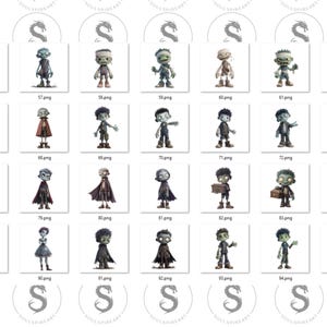 May include: A collection of 30 digital illustrations of cartoon zombies in various poses and outfits. Each image is labeled with a number and the file extension .png. The illustrations feature a variety of colors and styles.