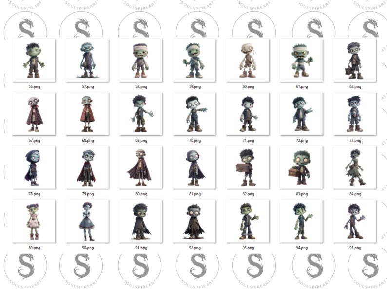 May include: A collection of 30 digital illustrations of cartoon zombies in various poses and outfits. Each image is labeled with a number and the file extension .png. The illustrations feature a variety of colors and styles.