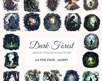 Dark Forest Watercolor Clipart Bundle – Gothic Mystical PNG Graphics (Digital Download)