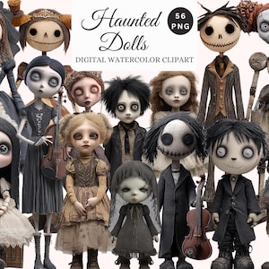 May include: A collection of digital watercolor clipart featuring various haunted dolls. The dolls have pale skin, dark eyes, and stitched mouths. Some dolls wear dresses, while others wear suits. The text "Haunted Dolls" and "Digital Watercolor Clipart" are visible.