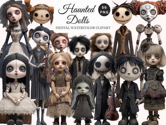 Haunted Dolls Watercolor Clipart – Gothic Horror PNG Bundle
