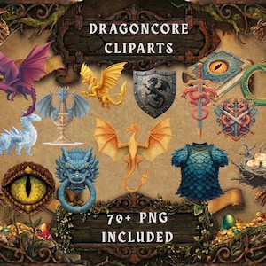 Puede incluir: Conjunto de imágenes prediseñadas digitales con temática de dragones. Incluye varios dragones de diferentes colores, un escudo, un libro con un ojo, un nido con huevos y otros elementos de fantasía. El texto "DRAGONCORE CLIPARTS" y "70+ PNG INCLUDED" son visibles.