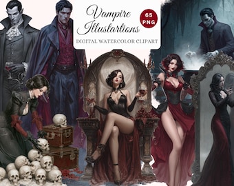 Watercolor Vampire Clipart – Gothic Fantasy Illustrations (65 PNGs)