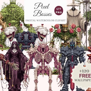 Puede incluir: Clipart digital de acuarela con varios jefes de pixel art de fantasía. La imagen incluye una variedad de personajes, como esqueletos, un bufón, una figura con capucha y figuras blindadas. También está presente el texto "Pixel Bosses" y "Digital Watercolor Clipart".