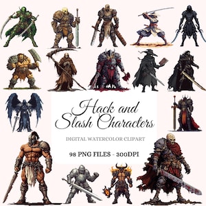 Pixel Hack ’n’ Slash Charaktere Clipart Bundle – Spiel-Assets, Pixel Sprites, Retro RPG Kämpfer, Fantasy Krieger, POD freundlich (98 Bilder)
