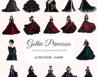 Gothic Princess Watercolor Clipart – Dark Fantasy Illustrations (PNG Files)