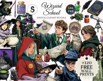 Wizard School Clipart Bundle • 156 PNG • Magic Academy Illustrations • Digital Download & Printable