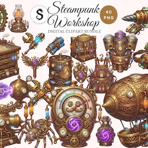 May include: A digital clipart bundle with steampunk designs. The image showcases gears, goggles, a drill, a clock, a blimp, and other mechanical elements in gold, bronze, and copper tones. The text "Steampunk Workshop" is displayed.