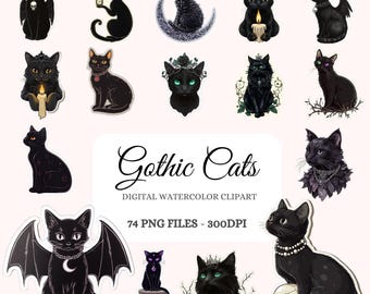 Gothic Cats Clipart Bundle – 74 Dark Sticker Designs, Dark Aesthetic Cats, High-Resolution PNG, Instant Digital Download, Commercial Use