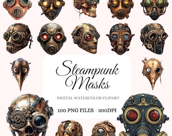 Steampunk Masks Clipart Bundle – 100 Retro-Futuristic Designs, High-Resolution PNG, Unique Victorian Sci-Fi Illustrations, Instant Download
