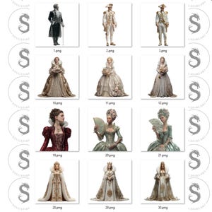 Pu&ograve; includere: Collezione di stampe d'arte digitale raffiguranti personaggi storici in costumi elaborati. Le immagini includono ritratti di uomini in uniforme militare e donne in abiti eleganti, con una variet&agrave; di colori e stili.