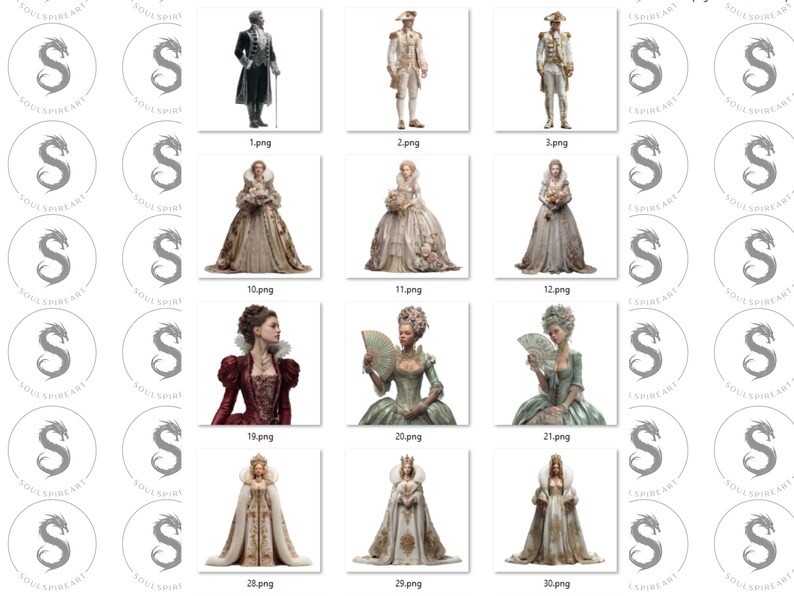 Pu&ograve; includere: Collezione di stampe d'arte digitale raffiguranti personaggi storici in costumi elaborati. Le immagini includono ritratti di uomini in uniforme militare e donne in abiti eleganti, con una variet&agrave; di colori e stili.