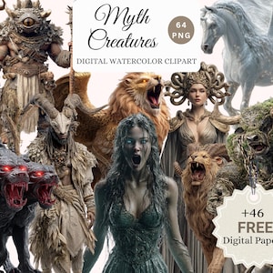 May include: Digital watercolor clipart featuring various mythical creatures, including a cyclops, a pegasus, a lion, and a woman with snakes for hair. The image includes the text "Myth Creatures" and "Digital Watercolor Clipart".