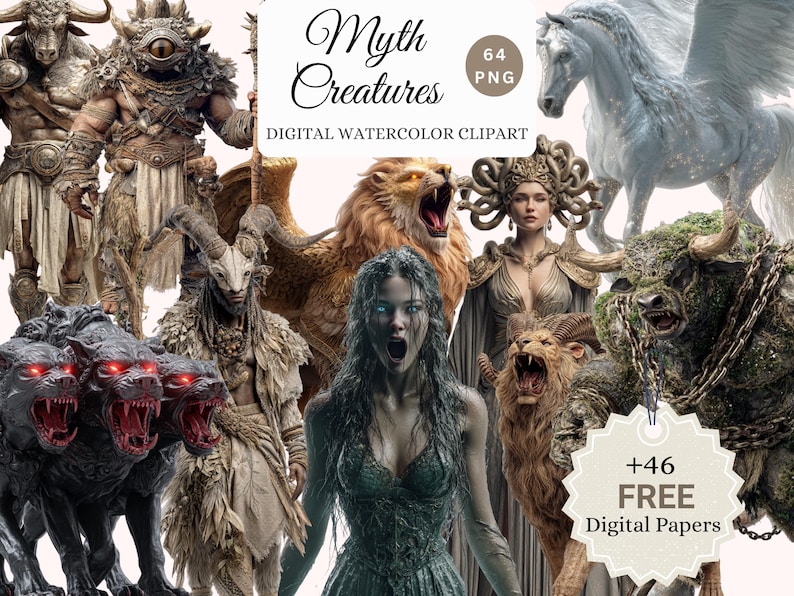 May include: Digital watercolor clipart featuring various mythical creatures, including a cyclops, a pegasus, a lion, and a woman with snakes for hair. The image includes the text "Myth Creatures" and "Digital Watercolor Clipart".