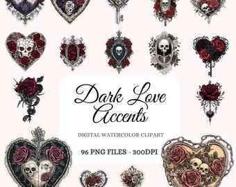 May include: A set of 12 digital watercolor clipart images featuring dark love accents. The images include hearts, roses, skulls, keys, and ornate frames. The images are in a gothic style and are perfect for adding a touch of darkness to your projects.