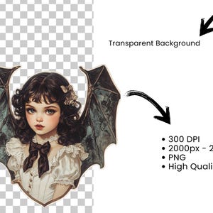 May include: A digital illustration of a young girl with dark hair and a white dress. She has bat wings and a delicate floral crown. The background is transparent.
