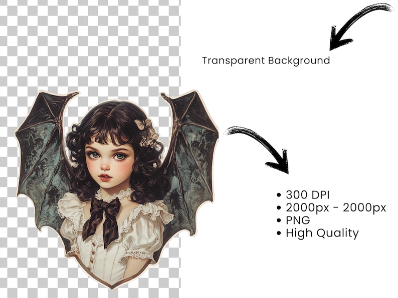 May include: A digital illustration of a young girl with dark hair and a white dress. She has bat wings and a delicate floral crown. The background is transparent.