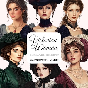 Victorian Era Woman Watercolor Clipart Bundle – Elegant Lady PNGs, Historical Fashion, Victorian PNG, POD Friendly, (120 images)