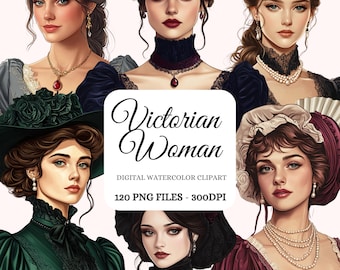 Clipart acquerello di donna vittoriana - Pacchetto PNG di donna elegante (120 immagini)