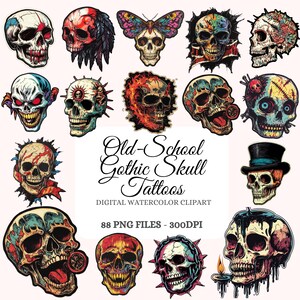 Bundle di clipart di tatuaggi gotici con teschi della vecchia scuola - Tatuaggio tradizionale, arte del teschio vintage, disegni di inchiostro gotico, compatibile con POD (88 immagini)
