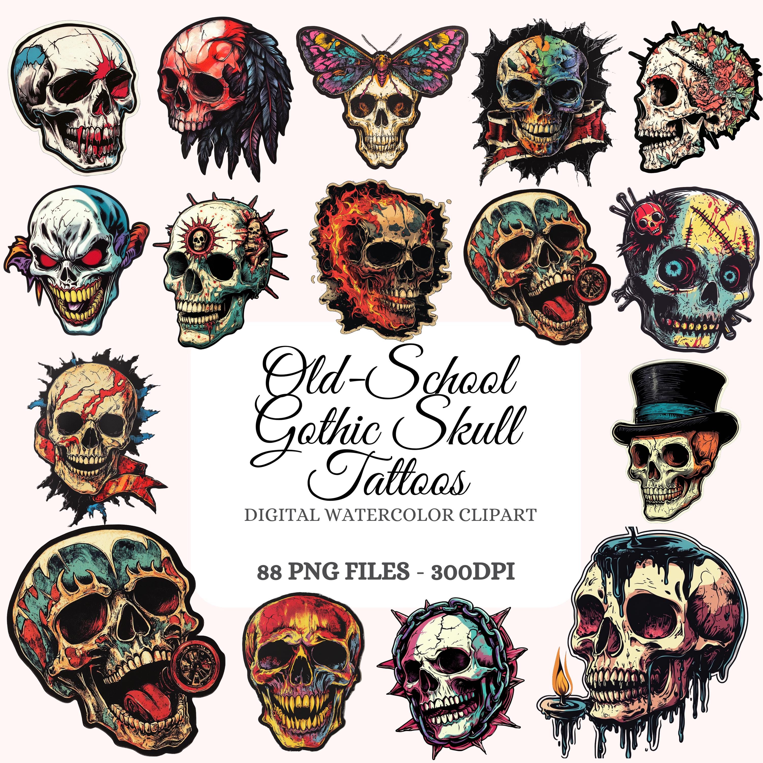 Gothic Skull Tattoo Clipart Bundle – Vintage Ink Designs (88