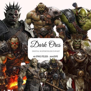 Dark Orcs Watercolor Clipart Bundle – 49 Immagini, Orco PNG, Dark Fantasy Art, Orchi pronti alla battaglia, Creature fantasy, POD Friendly