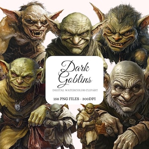 May include: A digital watercolor clipart set of 158 dark goblins. The goblins are depicted in various poses and expressions, with green skin, pointed ears, and sharp teeth. The set includes a variety of goblins, including some with beards, hats, and weapons. The goblins are all in a dark, fantasy style.