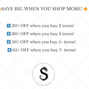 May include: White graphic with text: "SAVE BIG WHEN YOU SHOP MORE!" and discount offers: 20% off 2 items, 30% off 3 items, 50% off 5+ items, and 65% off 7+ items. Includes a black dragon logo.