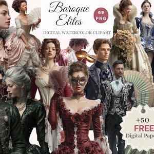 Pu&ograve; includere: Clipart digitale ad acquerello con varie figure in abiti barocchi. L'immagine include uomini e donne in abiti, completi e accessori elaborati. La tavolozza dei colori include bordeaux, verde e oro. Il testo sull'immagine recita "Baroque Elites" e "Digital Watercolor Clipart".