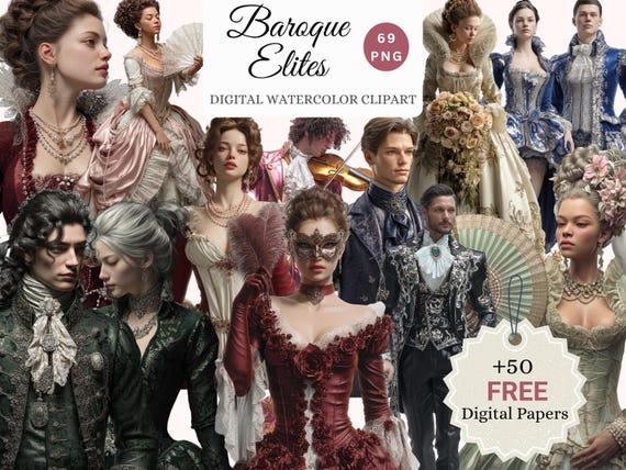 Baroque Fashion Elites Watercolor Clipart – Victorian PNG Bundle (Digital Download)
