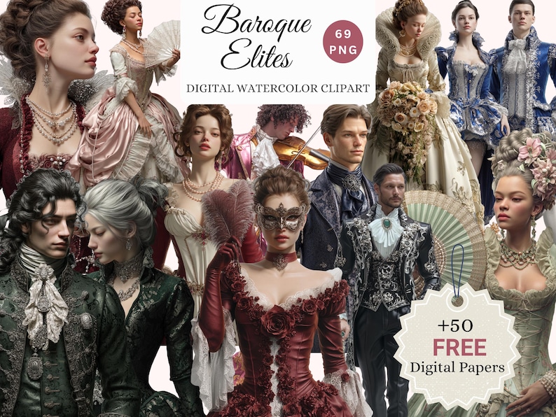 Pu&ograve; includere: Clipart digitale ad acquerello con varie figure in abiti barocchi. L'immagine include uomini e donne in abiti, completi e accessori elaborati. La tavolozza dei colori include bordeaux, verde e oro. Il testo sull'immagine recita "Baroque Elites" e "Digital Watercolor Clipart".
