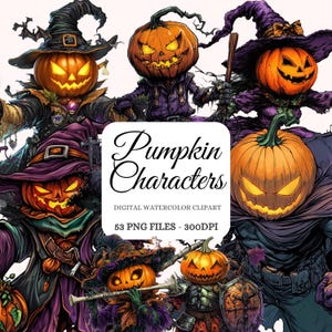 Pumpkin-Headed Characters Watercolor Clipart Bundle – Halloween PNGs, Spooky Pumpkin Faces, Fall Festival Art, POD Friendly (53 Images)
