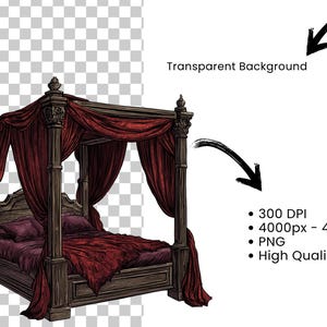 May include: A dark wood four-poster bed with red velvet curtains and a red velvet mattress. The bed is ornate with carvings and has a high headboard.