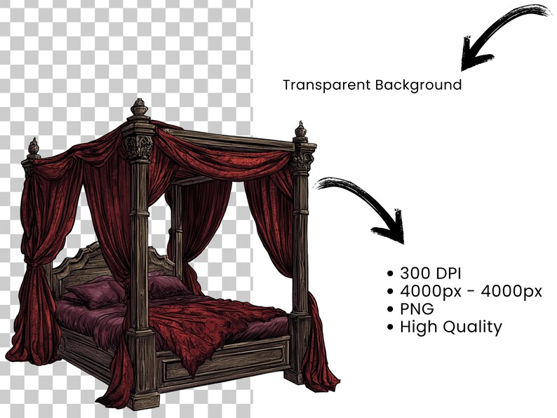 May include: A dark wood four-poster bed with red velvet curtains and a red velvet mattress. The bed is ornate with carvings and has a high headboard.
