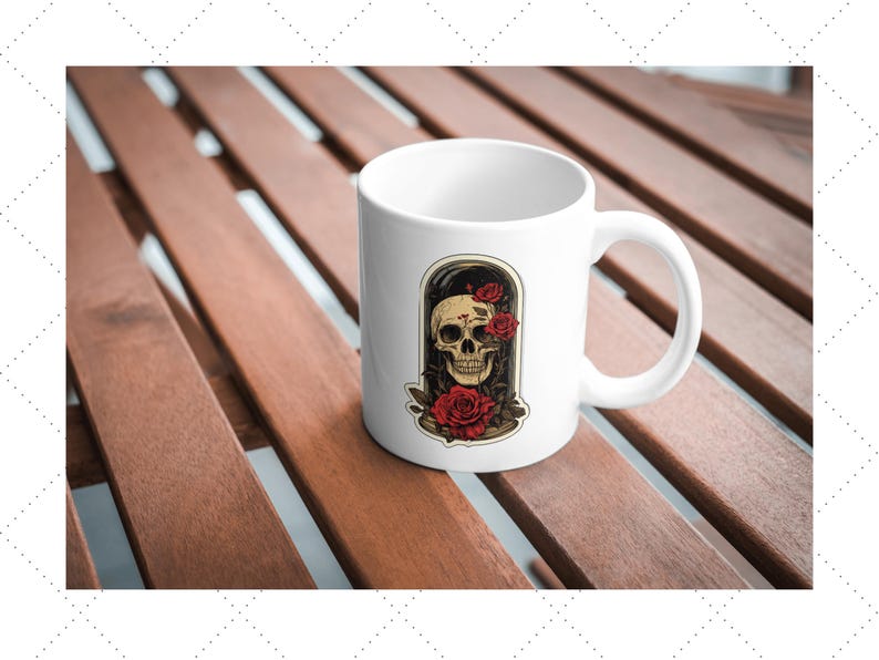 May include: White ceramic mug with a skull and red roses inside a glass dome design.