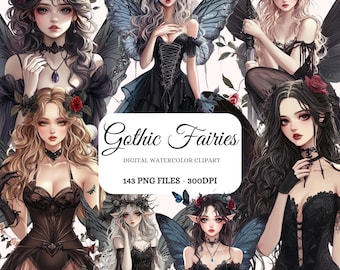 Gothic Fairies Watercolor Clipart Bundle – 143 Dark Fantasy PNGs (Digital Download)