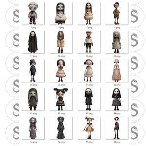 May include: A collection of digitally created dolls with various outfits and expressions. Each doll has a unique design, with varying hairstyles, clothing, and accessories. The dolls are arranged in a grid, each labeled with a number and the file extension .png.