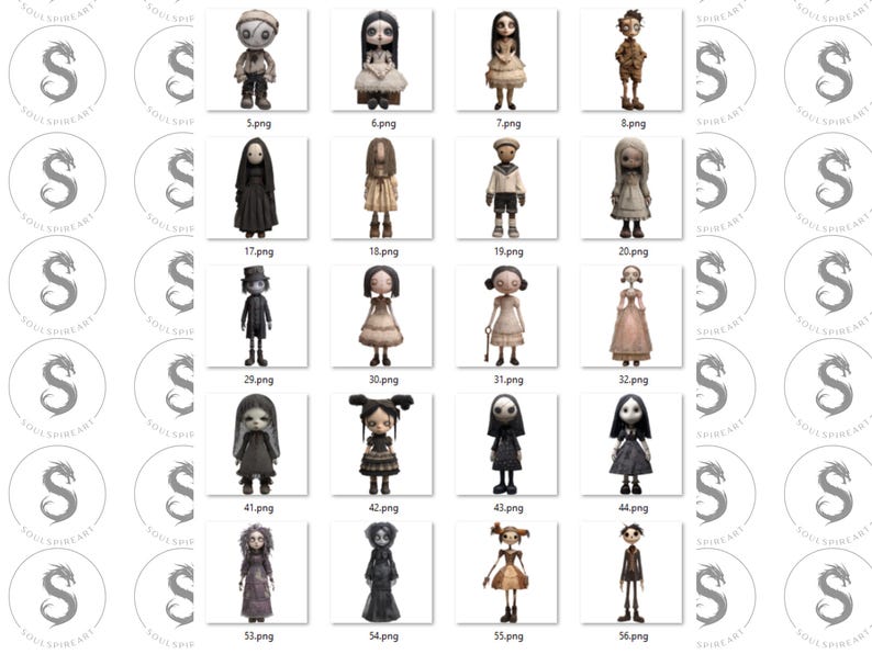 May include: A collection of digitally created dolls with various outfits and expressions. Each doll has a unique design, with varying hairstyles, clothing, and accessories. The dolls are arranged in a grid, each labeled with a number and the file extension .png.