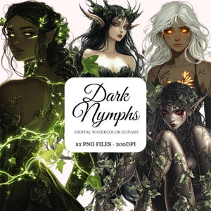 Dark Nymphs Watercolor Clipart Bundle – Mystical Forest Spirits, Dark Fantasy Nymphs, Gothic Watercolor Art, POD Friendly (53 Images)