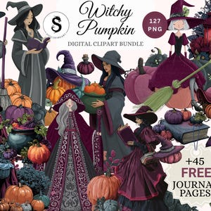 May include: Digital clipart bundle featuring illustrations of witches, pumpkins, and related elements. The artwork includes various witches in long dresses and hats, surrounded by pumpkins, books, and other Halloween-themed items. The text "Witchy Pumpkin" is displayed.
