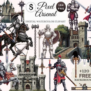 Puede incluir: Clipart digital de acuarela con caballeros medievales, castillos, espadas y estandartes. La imagen incluye el texto "Pixel Arsenal" y "Digital Watercolor Clipart". El clipart incluye más de 120 fondos gratuitos.