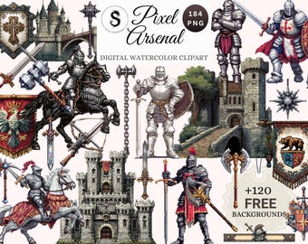 May include: Digital watercolor clipart featuring medieval knights, castles, swords, and banners. The image includes the text "Pixel Arsenal" and "Digital Watercolor Clipart". The clipart includes over 120 free backgrounds.