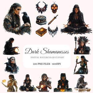Dark Shamanesses Clipart Bundle – 100 PNG Gothic Female Shaman Illustrations, Dark Fantasy Art, Instant Digital Download, Commercial Use